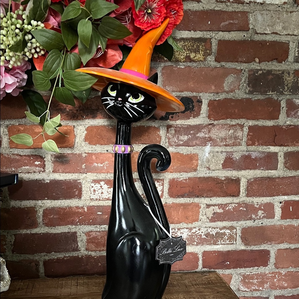 Bella Lux Halloween Black Cat Figurine with Orange Hat almost 24 inches tall